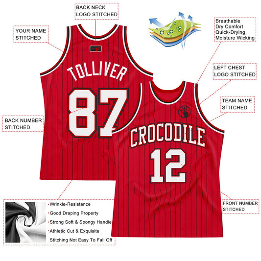 Custom Red Black Pinstripe White-Black Authentic Basketball Jersey - Sky-Custom