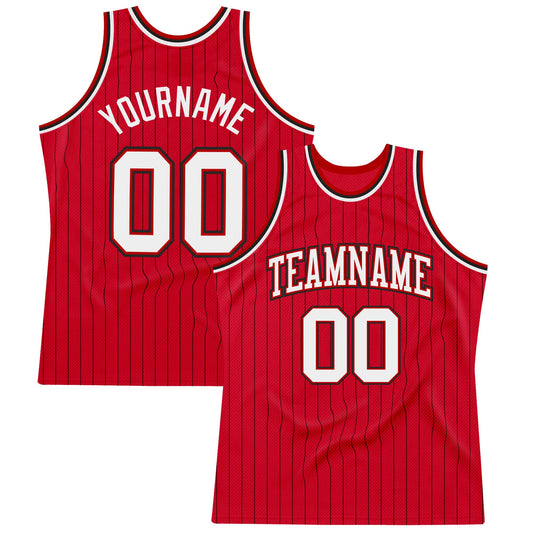 Custom Red Black Pinstripe White-Black Authentic Basketball Jersey - Sky-Custom