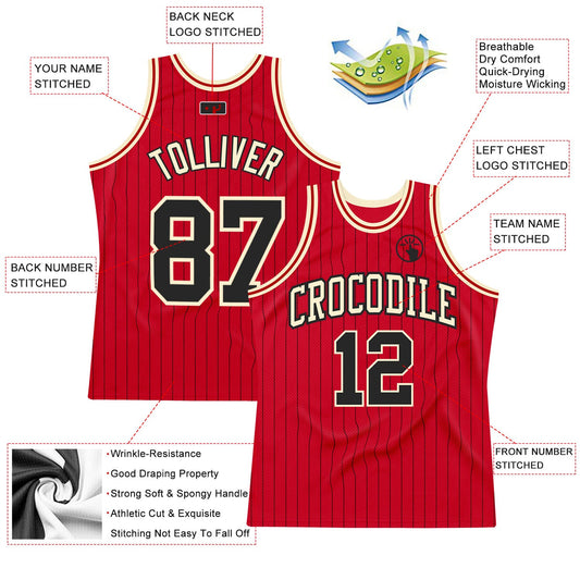 Custom Red Black Pinstripe Black-Cream Authentic Basketball Jersey - Sky-Custom