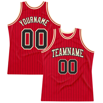 Custom Red Black Pinstripe Black-Cream Authentic Basketball Jersey - Sky-Custom