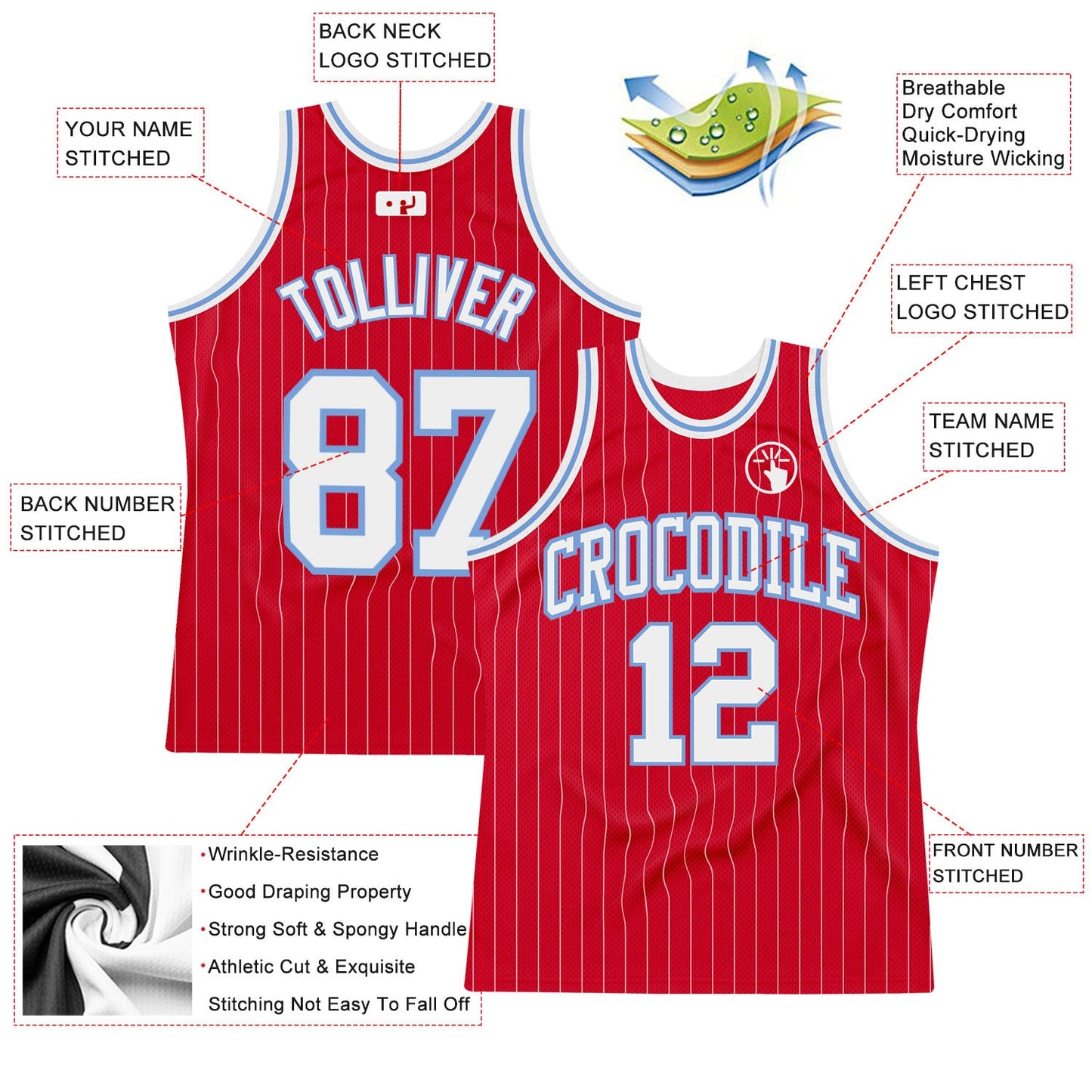 Custom Red White Pinstripe White-Light Blue Authentic Basketball Jersey - Sky-Custom