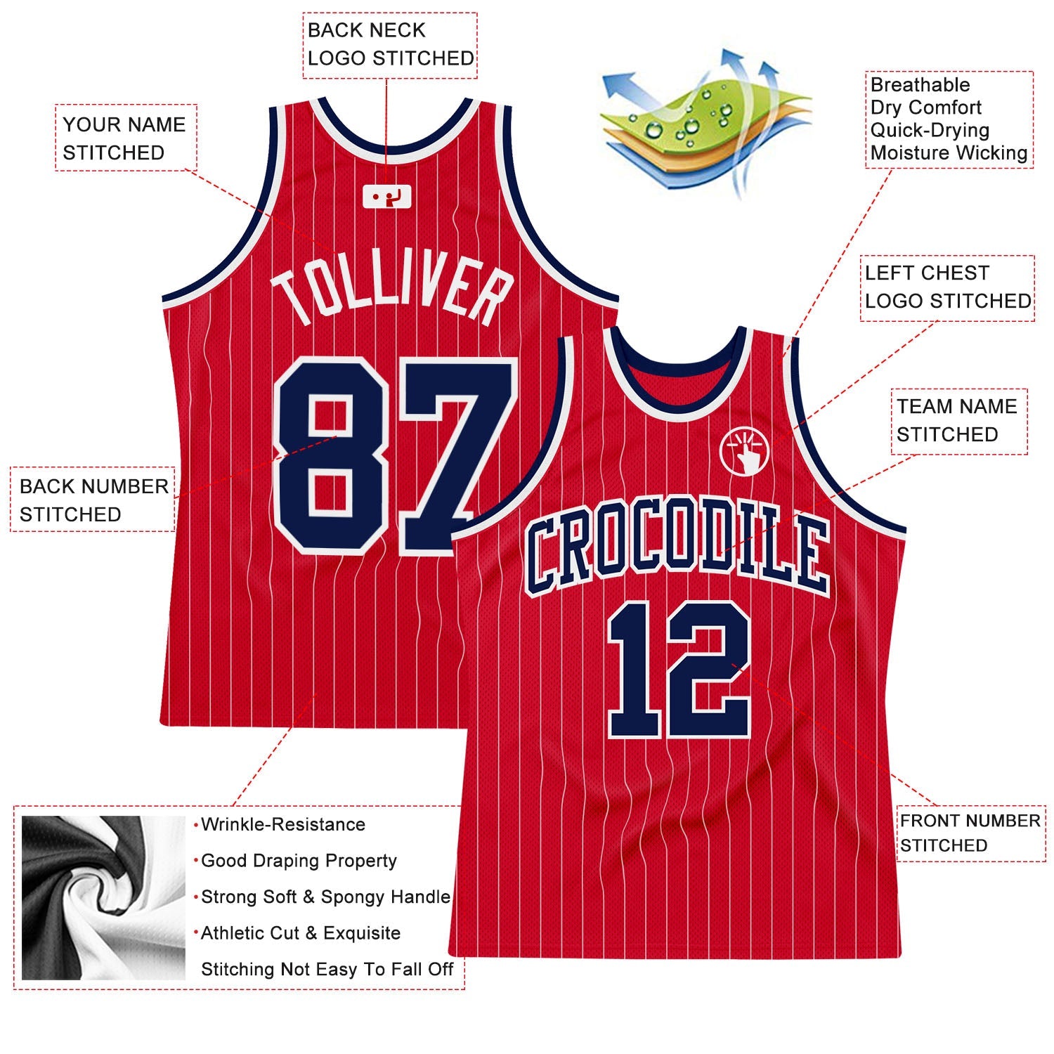 Custom Red White Pinstripe Navy-White Authentic Basketball Jersey - Sky-Custom