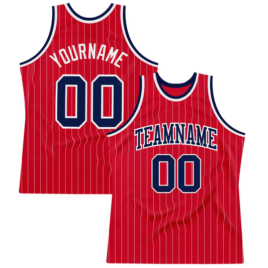 Custom Red White Pinstripe Navy-White Authentic Basketball Jersey - Sky-Custom