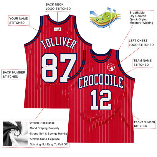 Custom Red White Pinstripe White-Navy Authentic Basketball Jersey - Sky-Custom