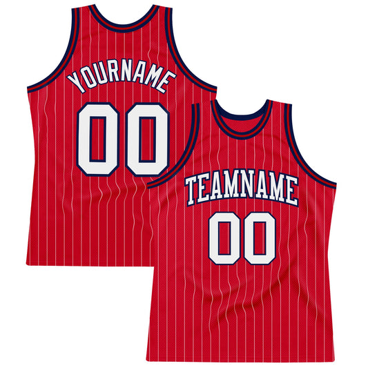Custom Red White Pinstripe White-Navy Authentic Basketball Jersey - Sky-Custom