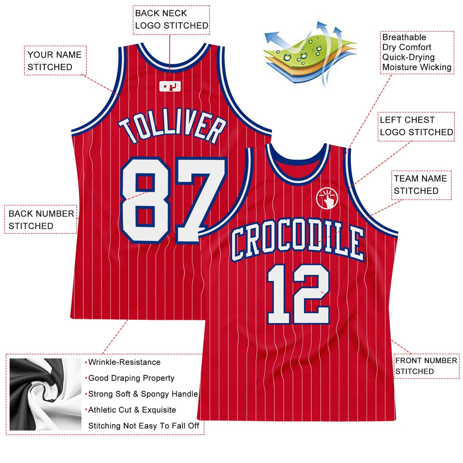 Custom Red White Pinstripe White-Royal Authentic Basketball Jersey - Sky-Custom
