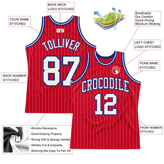 Custom Red White Pinstripe White-Royal Authentic Basketball Jersey - Sky-Custom