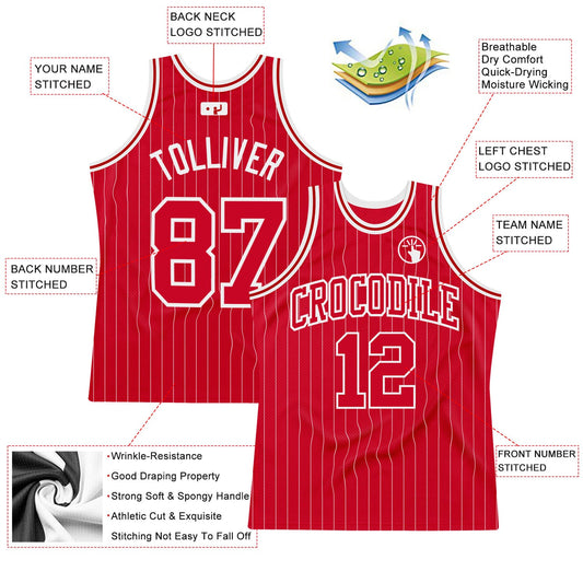 Custom Red White Pinstripe Red-White Authentic Basketball Jersey - Sky-Custom