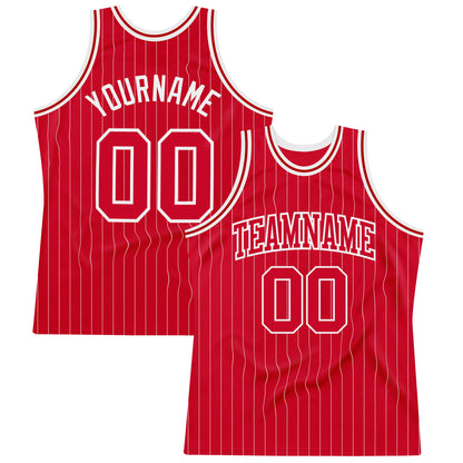 Custom Red White Pinstripe Red-White Authentic Basketball Jersey - Sky-Custom