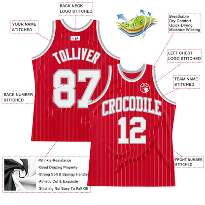 Custom Red White Pinstripe White-Gray Authentic Basketball Jersey - Sky-Custom