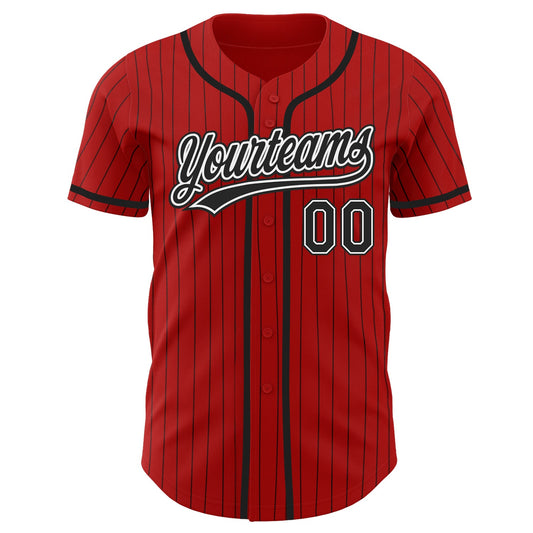 Custom Red Black Pinstripe Black-White Authentic Baseball Jersey - Sky-Custom