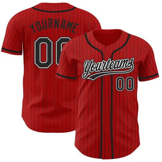 Custom Red Black Pinstripe Black-White Authentic Baseball Jersey - Sky-Custom