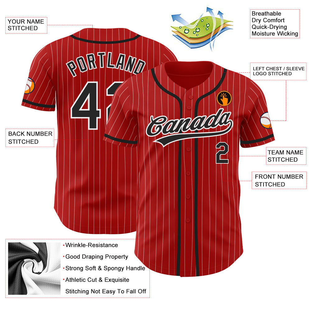 Custom Red White Pinstripe Black Authentic Baseball Jersey - Sky-Custom