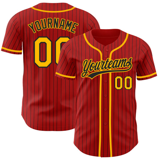 Custom Red Black Pinstripe Gold Authentic Baseball Jersey - Sky-Custom