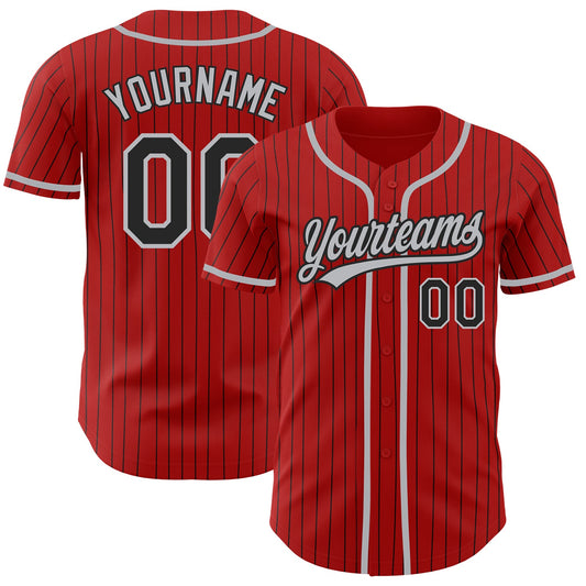 Custom Red Black Pinstripe Gray Authentic Baseball Jersey - Sky-Custom