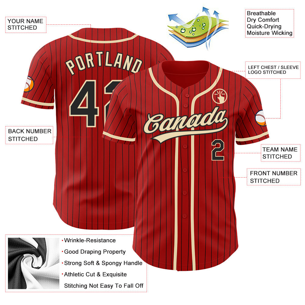 Custom Red Black Pinstripe City Cream Authentic Baseball Jersey - Sky-Custom