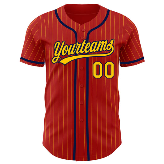 Custom Red Yellow Pinstripe Navy Authentic Baseball Jersey - Sky-Custom