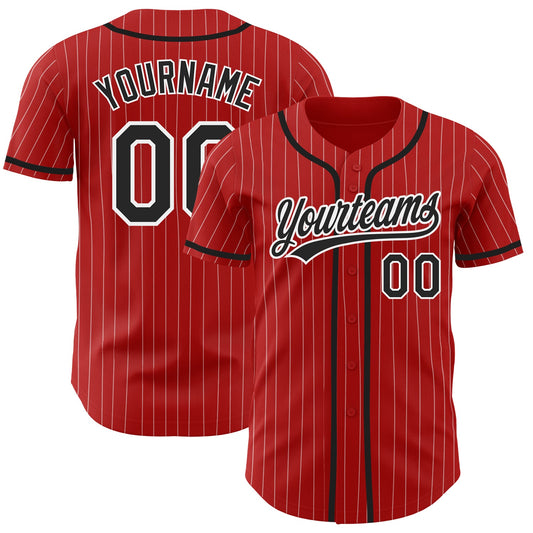 Custom Red White Pinstripe Black Authentic Baseball Jersey - Sky-Custom