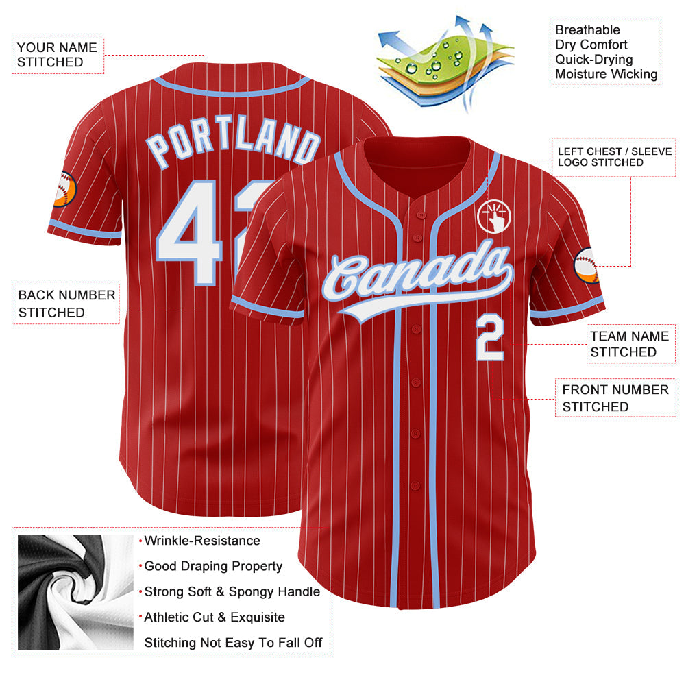 Custom Red White Pinstripe Light Blue Authentic Baseball Jersey - Sky-Custom