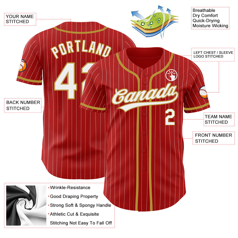 Custom Red White Pinstripe Old Gold Authentic Baseball Jersey - Sky-Custom