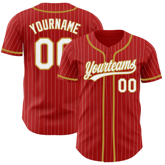 Custom Red White Pinstripe Old Gold Authentic Baseball Jersey - Sky-Custom