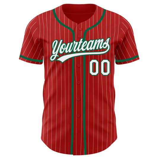 Custom Red White Pinstripe Kelly Green Authentic Baseball Jersey - Sky-Custom