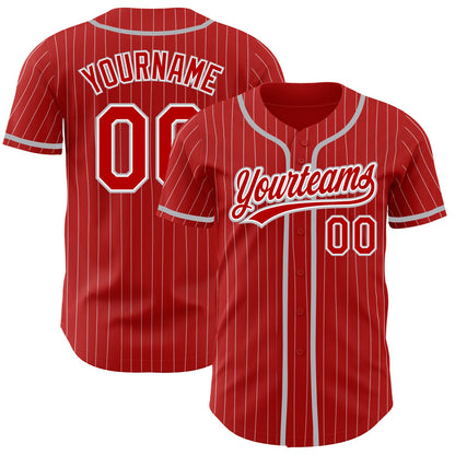 Custom Red White Pinstripe Gray Authentic Baseball Jersey - Sky-Custom