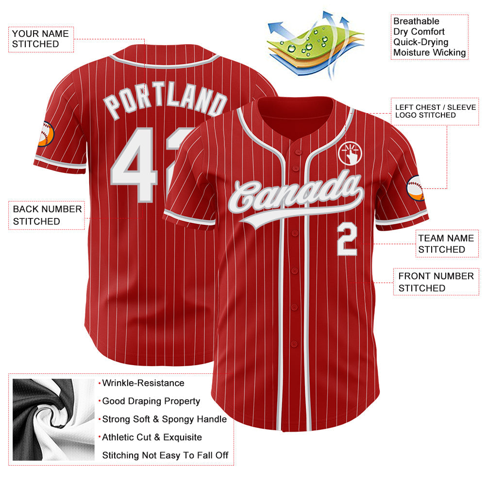 Custom Red White Pinstripe Gray Authentic Baseball Jersey - Sky-Custom