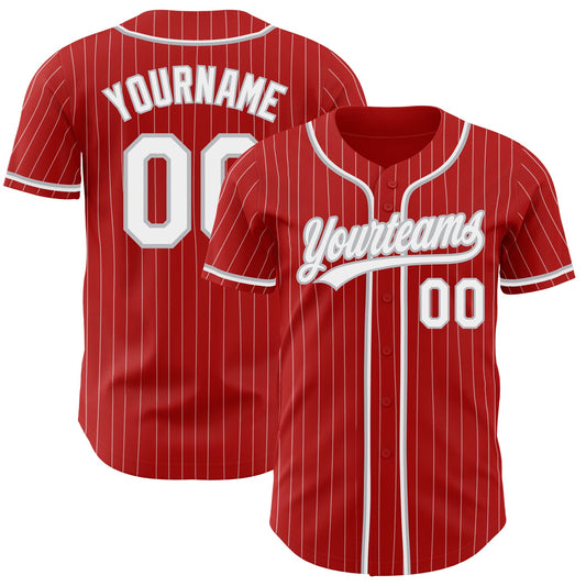 Custom Red White Pinstripe Gray Authentic Baseball Jersey - Sky-Custom