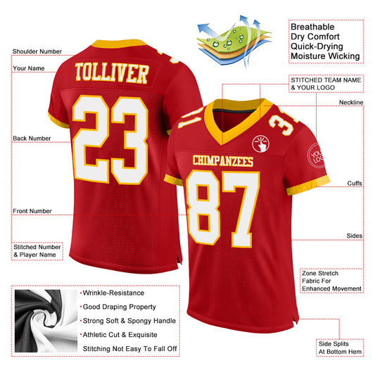 Custom Red White-Gold Mesh Authentic Football Jersey - Sky-Custom
