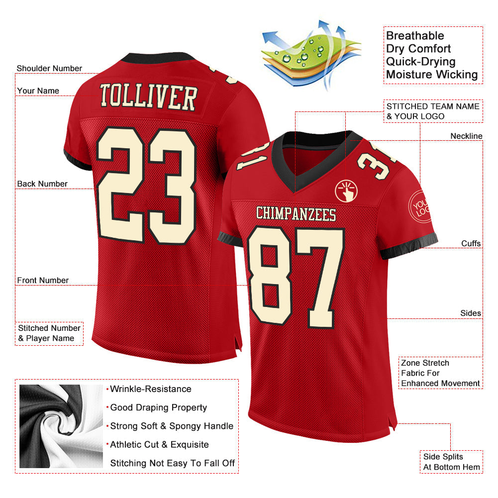 Custom Red Cream-Black Mesh Authentic Football Jersey - Sky-Custom