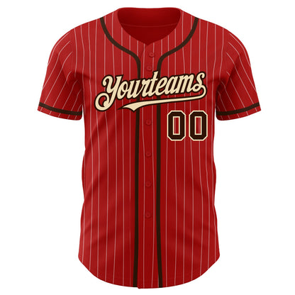 Custom Red White Pinstripe Brown-City Cream Authentic Baseball Jersey - Sky-Custom