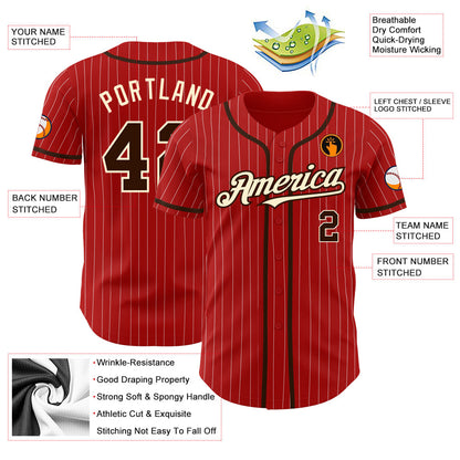 Custom Red White Pinstripe Brown-City Cream Authentic Baseball Jersey - Sky-Custom