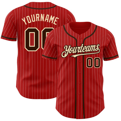 Custom Red White Pinstripe Brown-City Cream Authentic Baseball Jersey - Sky-Custom