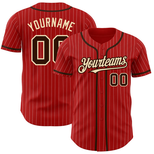 Custom Red White Pinstripe Brown-City Cream Authentic Baseball Jersey - Sky-Custom