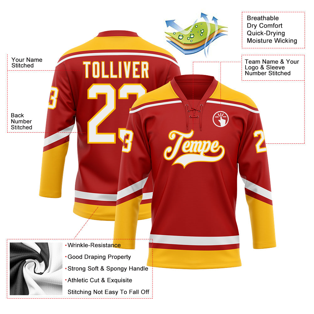 Custom Red White-Gold Hockey Lace Neck Jersey - Sky-Custom