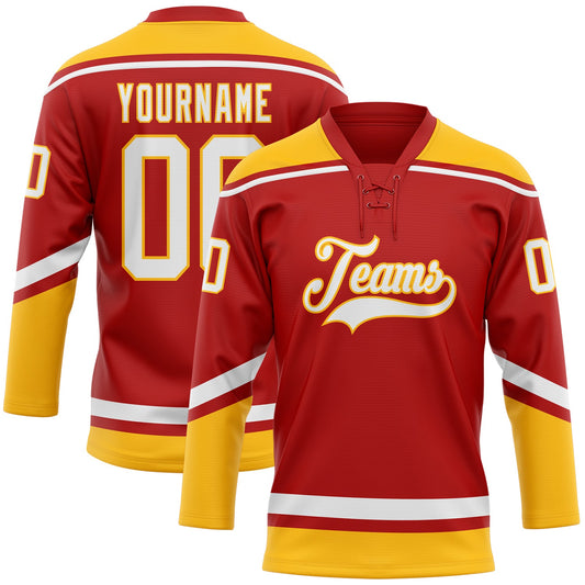 Custom Red White-Gold Hockey Lace Neck Jersey - Sky-Custom