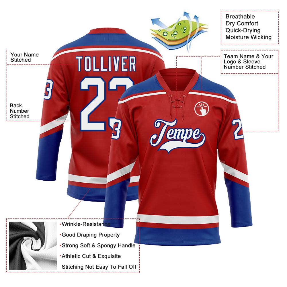 Custom Red White-Royal Hockey Lace Neck Jersey - Sky-Custom