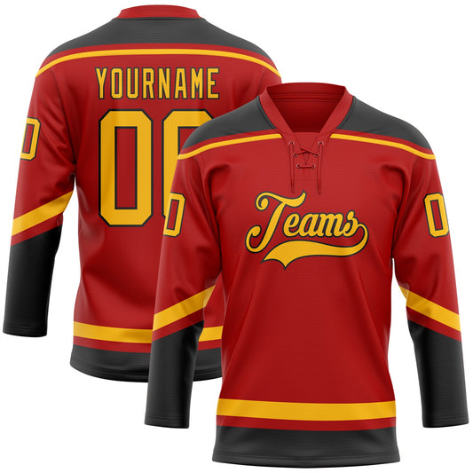 Custom Red Gold-Black Hockey Lace Neck Jersey - Sky-Custom