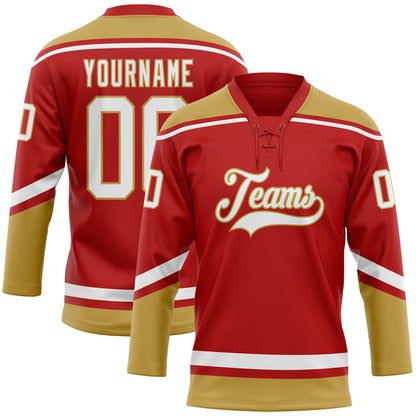Custom Red White-Old Gold Hockey Lace Neck Jersey - Sky-Custom