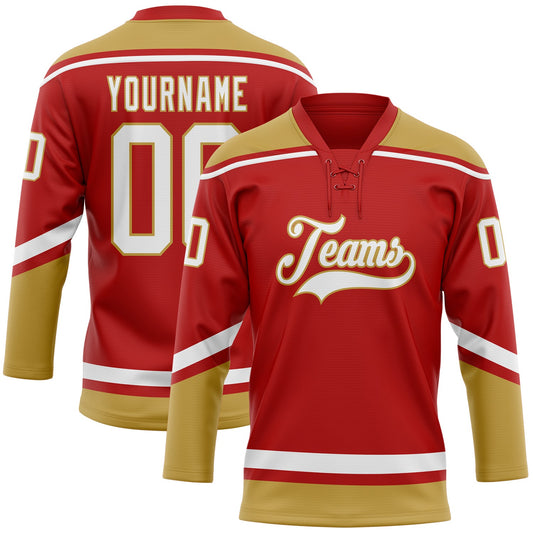 Custom Red White-Old Gold Hockey Lace Neck Jersey - Sky-Custom