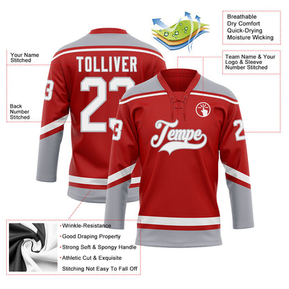 Custom Red White-Gray Hockey Lace Neck Jersey - Sky-Custom