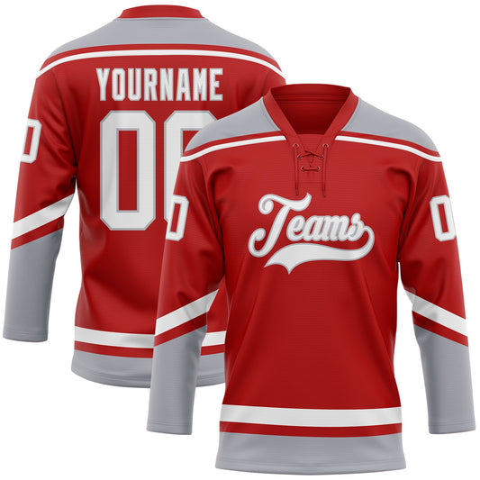 Custom Red White-Gray Hockey Lace Neck Jersey - Sky-Custom