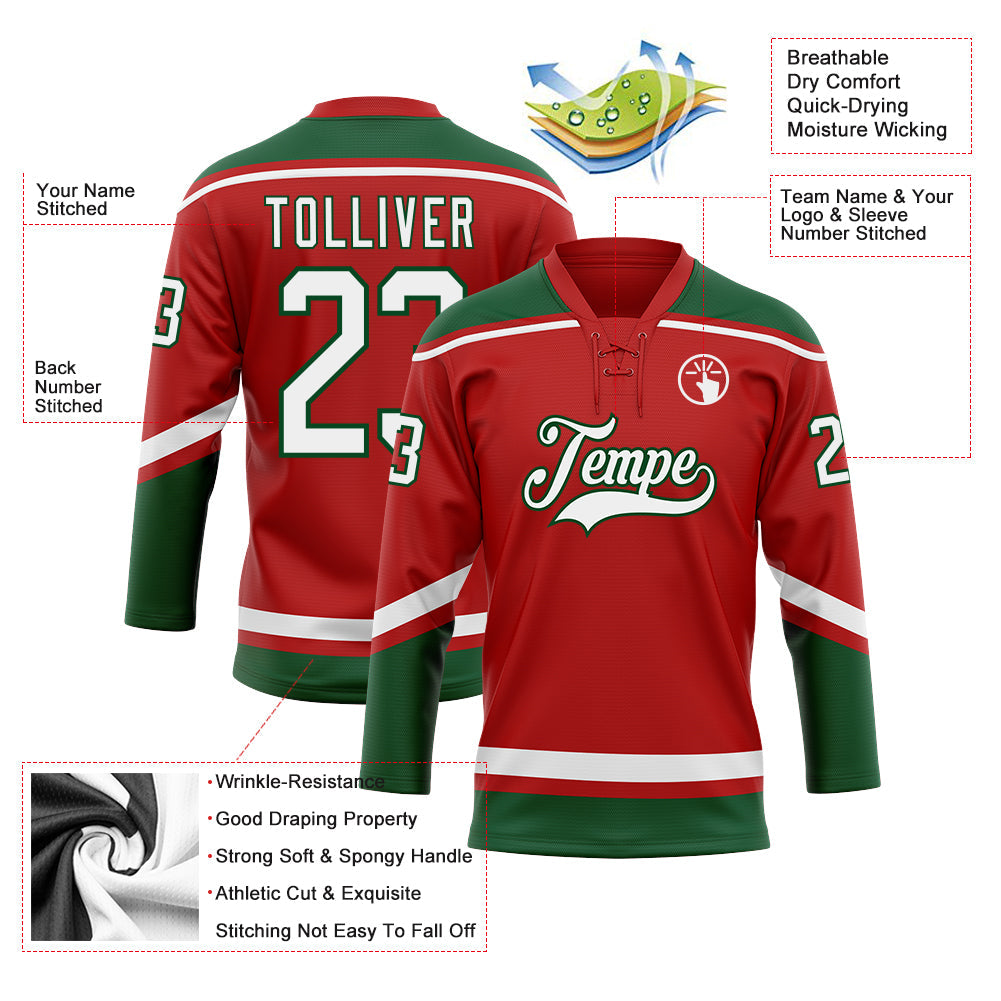 Custom Red White-Green Hockey Lace Neck Jersey - Sky-Custom