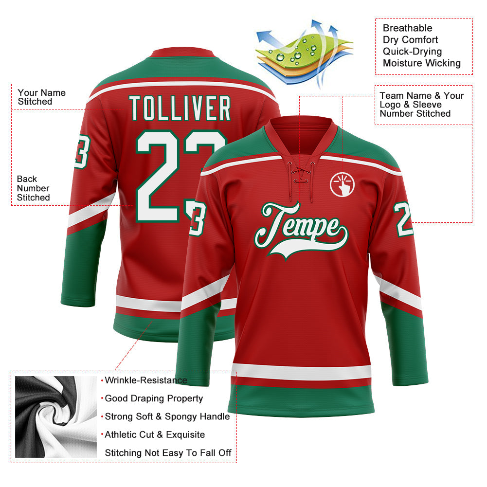Custom Red White-Kelly Green Hockey Lace Neck Jersey - Sky-Custom