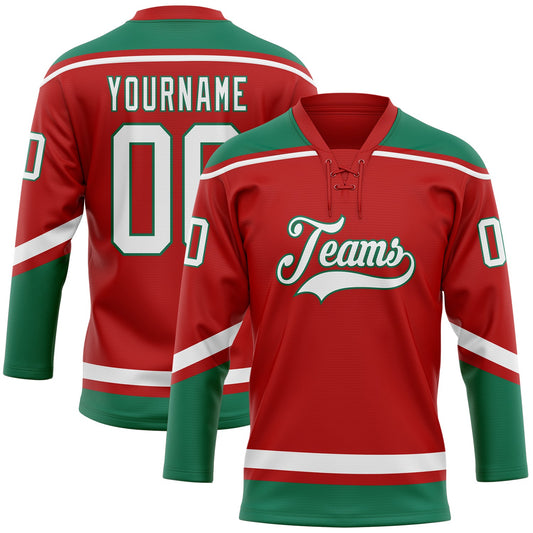 Custom Red White-Kelly Green Hockey Lace Neck Jersey - Sky-Custom
