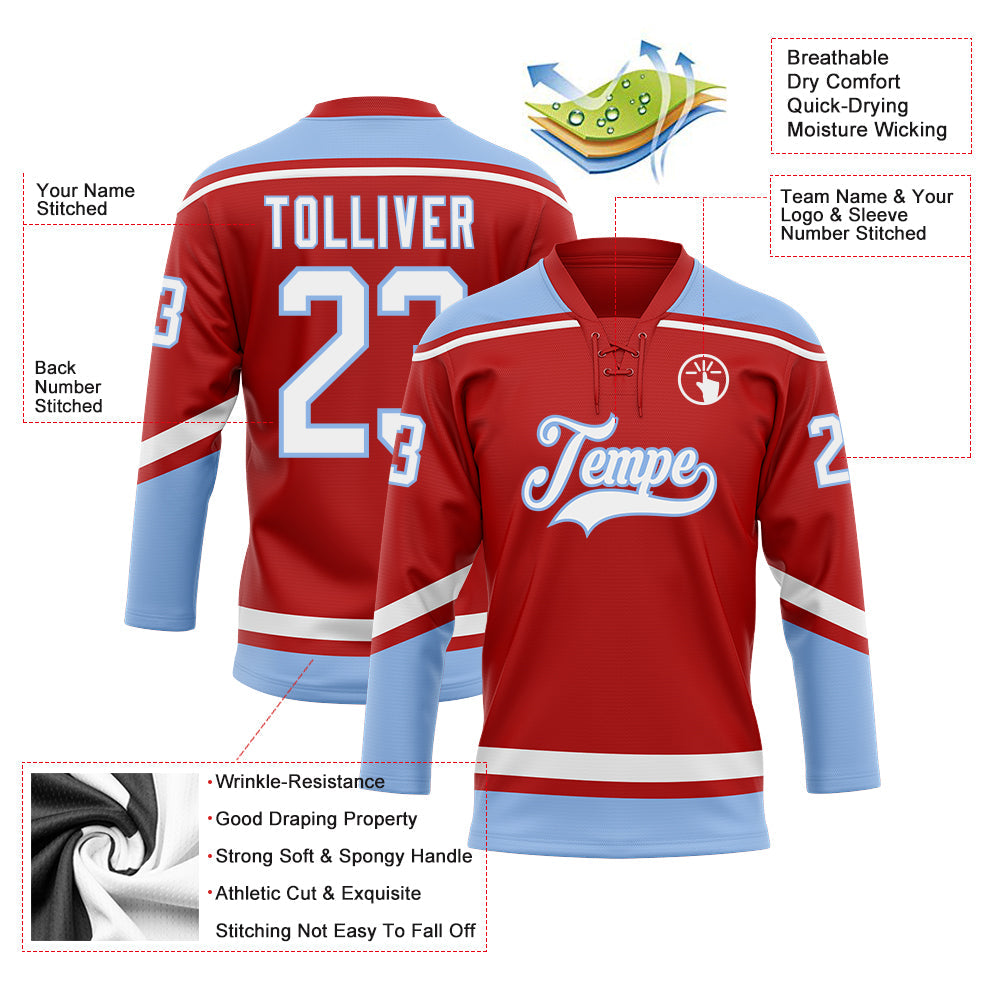 Custom Red White-Light Blue Hockey Lace Neck Jersey - Sky-Custom