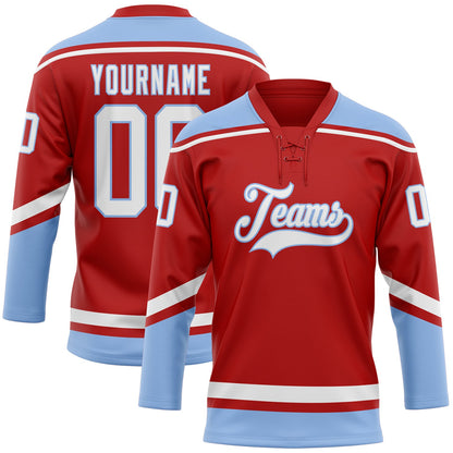 Custom Red White-Light Blue Hockey Lace Neck Jersey - Sky-Custom