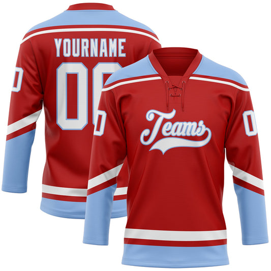 Custom Red White-Light Blue Hockey Lace Neck Jersey - Sky-Custom