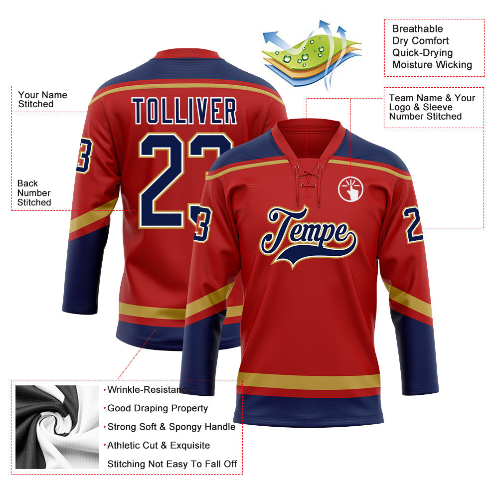 Custom Red Navy-Old Gold Hockey Lace Neck Jersey - Sky-Custom